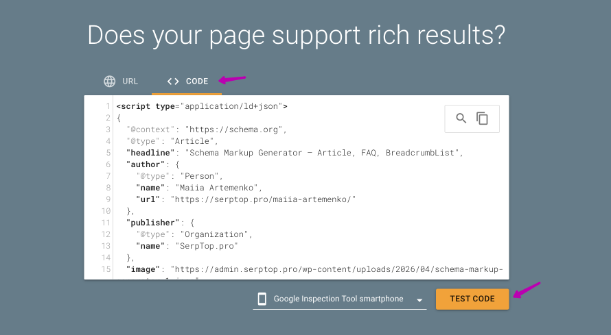 Pasting the JSON-LD into Google's Rich Results Test (Code tab)