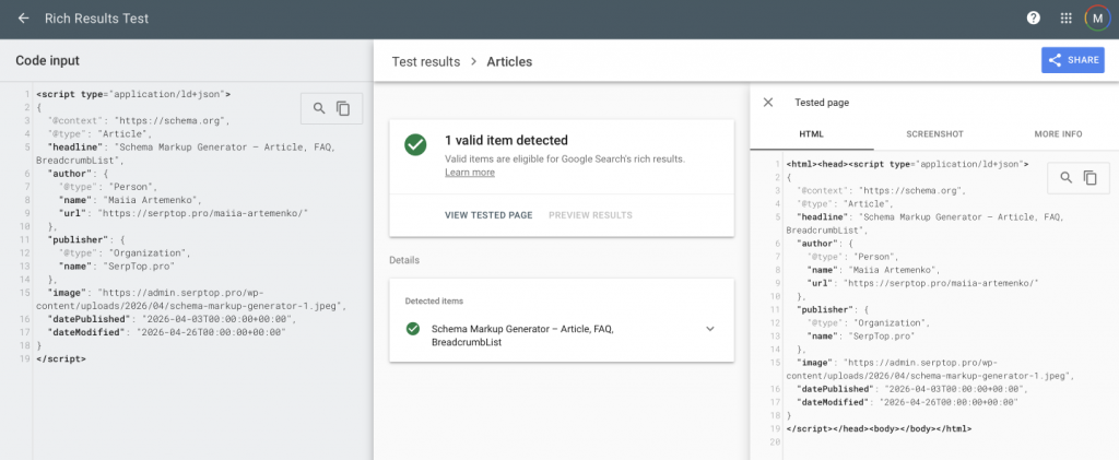 Validation passed: the Article schema is eligible for rich results in Google Search.